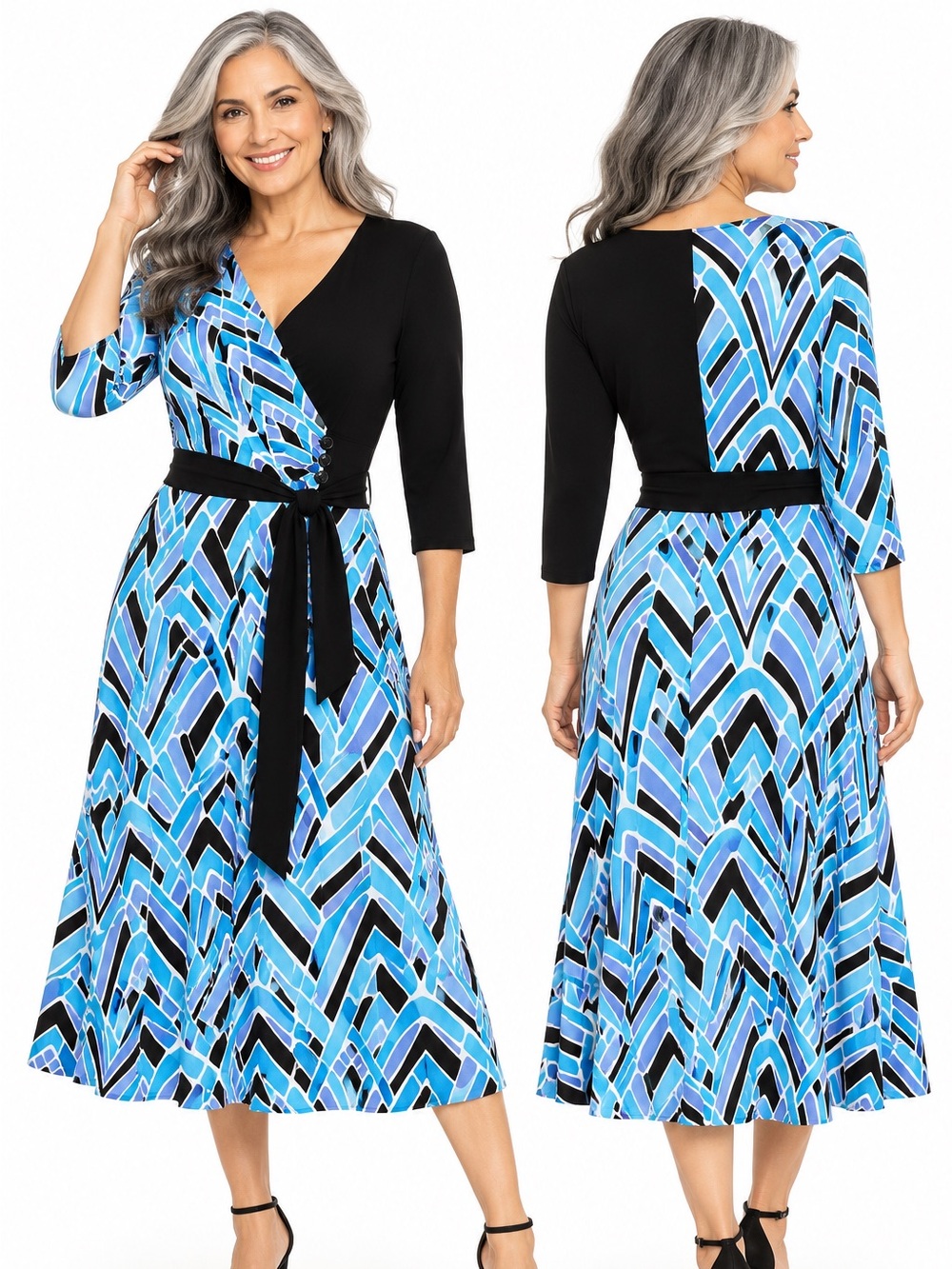 NWT Bob Mackie Wearable Art Blue Geometric Wrap Dress Size L